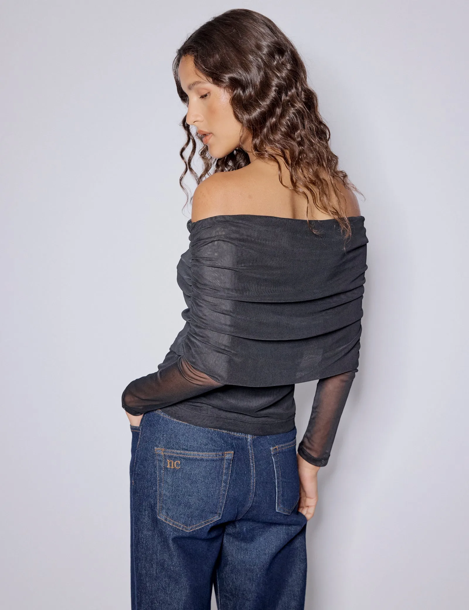 Black Off Shoulder Mesh Top sold by Nobody's Child product image thumbnail 4