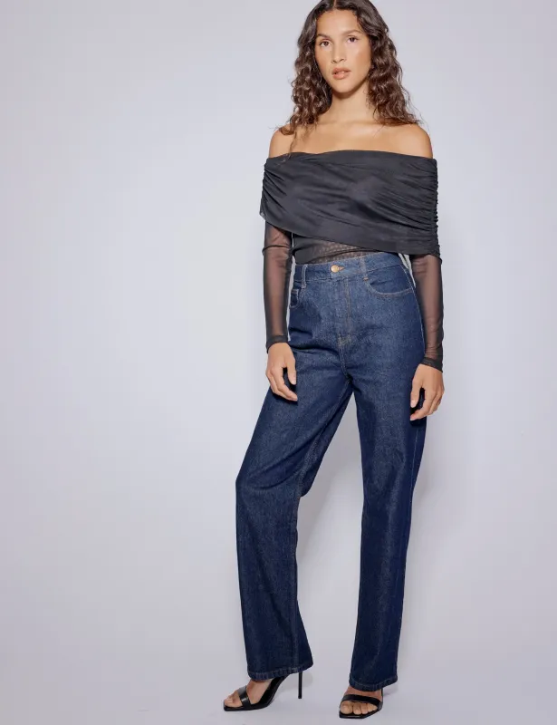 Black Off Shoulder Mesh Top sold by Nobody's Child