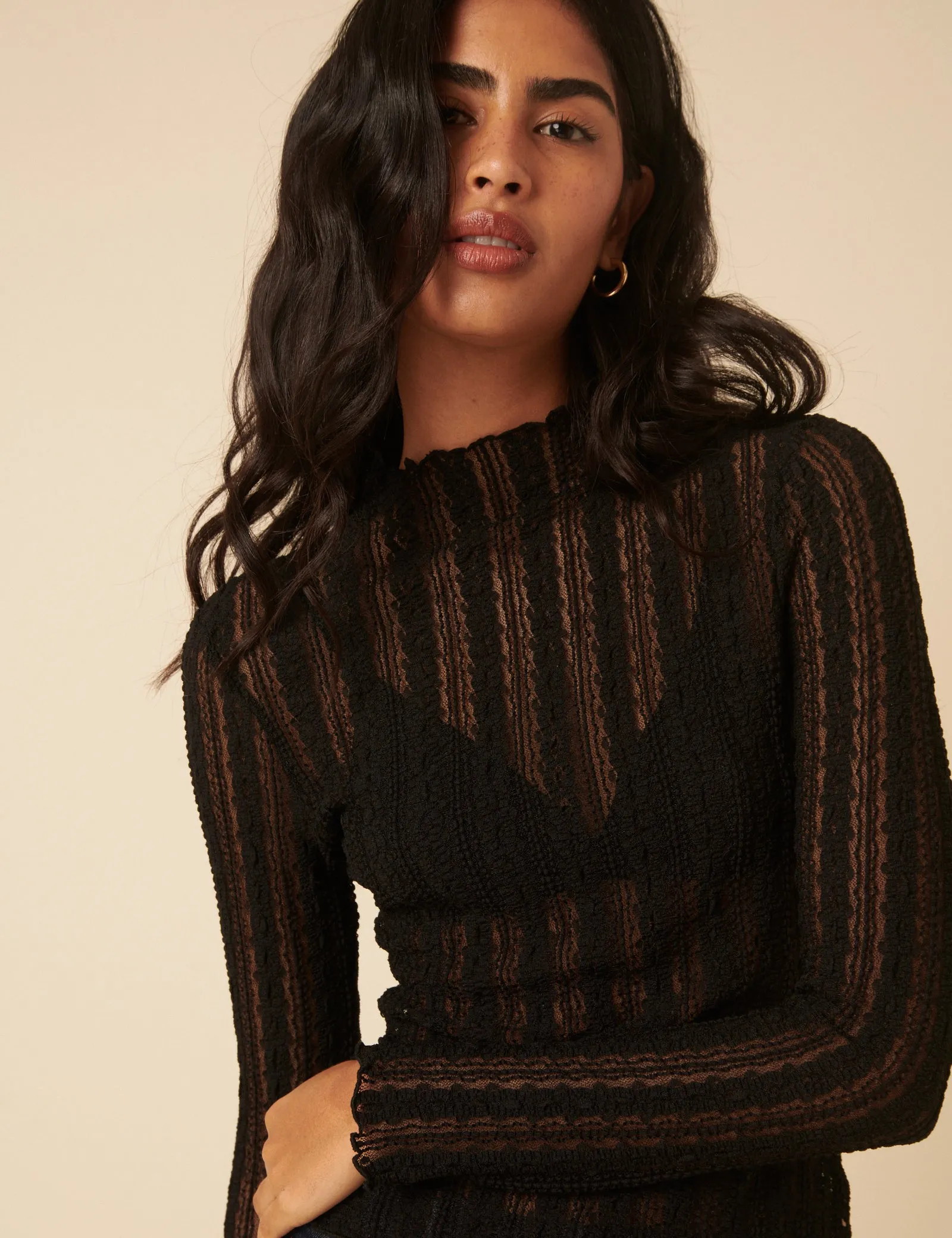 Black Lace High Neck Long Sleeve Top sold by Nobody's Child product image thumbnail 2