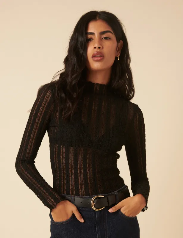 Black Lace High Neck Long Sleeve Top sold by Nobody's Child