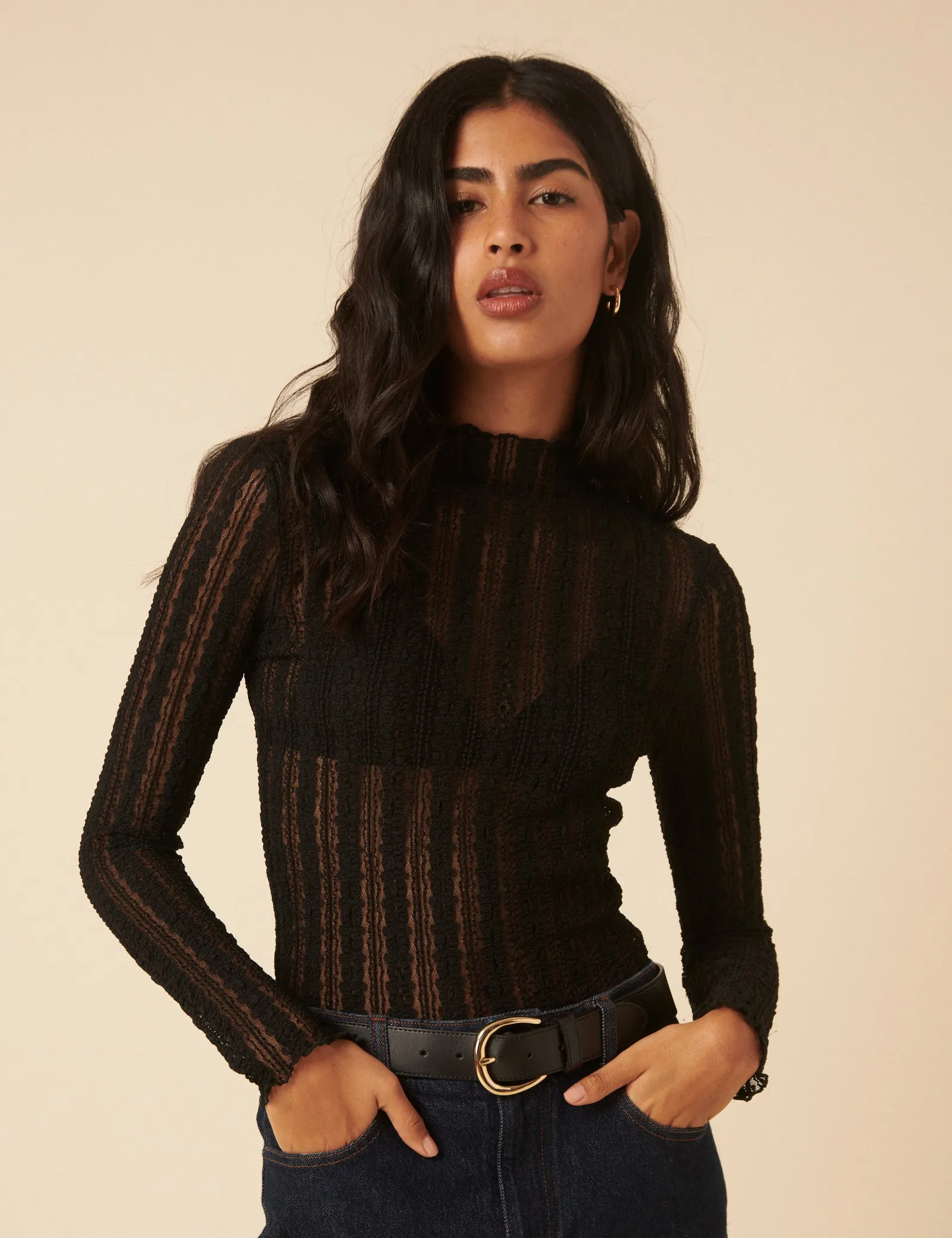 Black Lace High Neck Long Sleeve Top sold by Nobody's Child