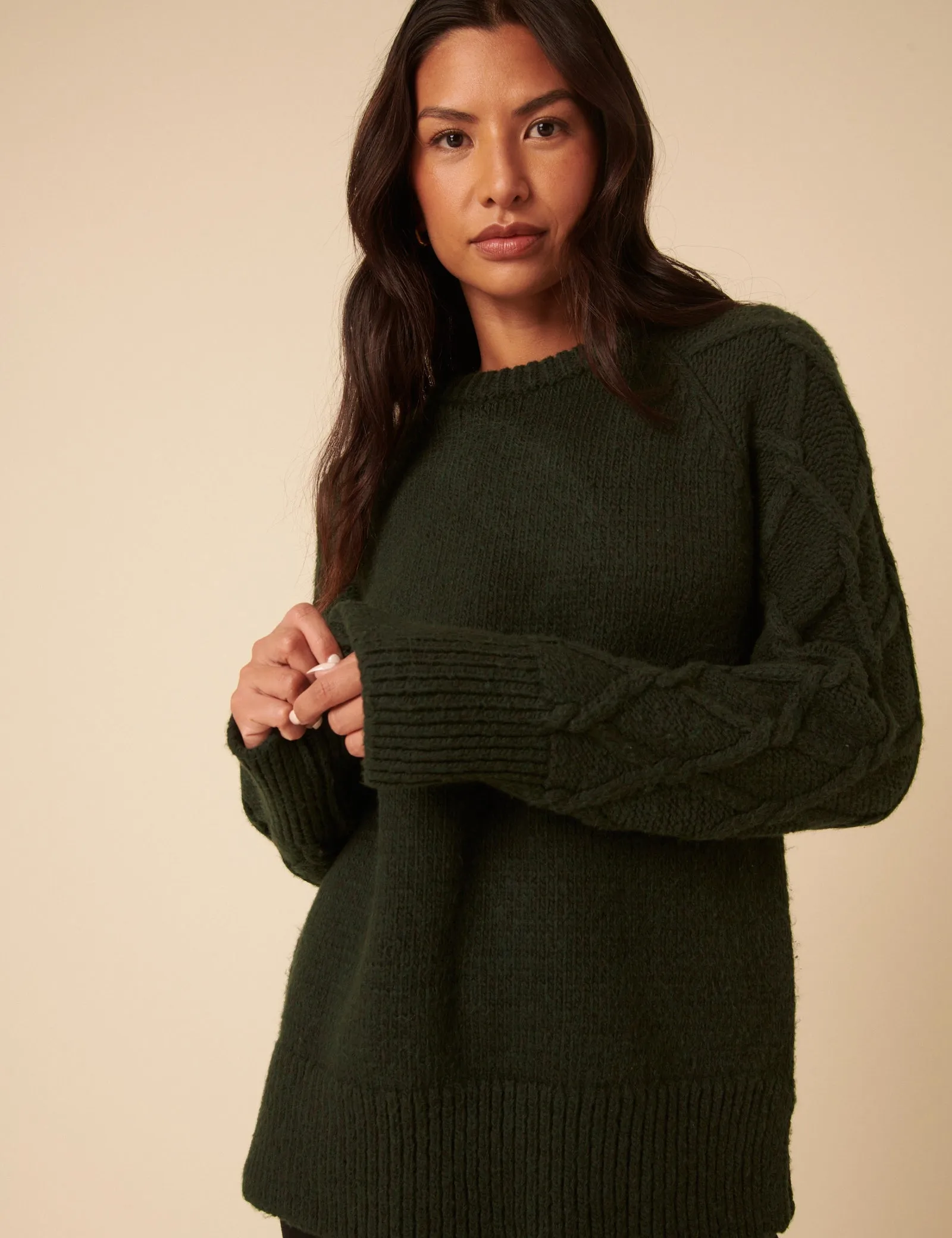 Forest Green Crew Neck Cable Oversized Jumper sold by Nobody's Child