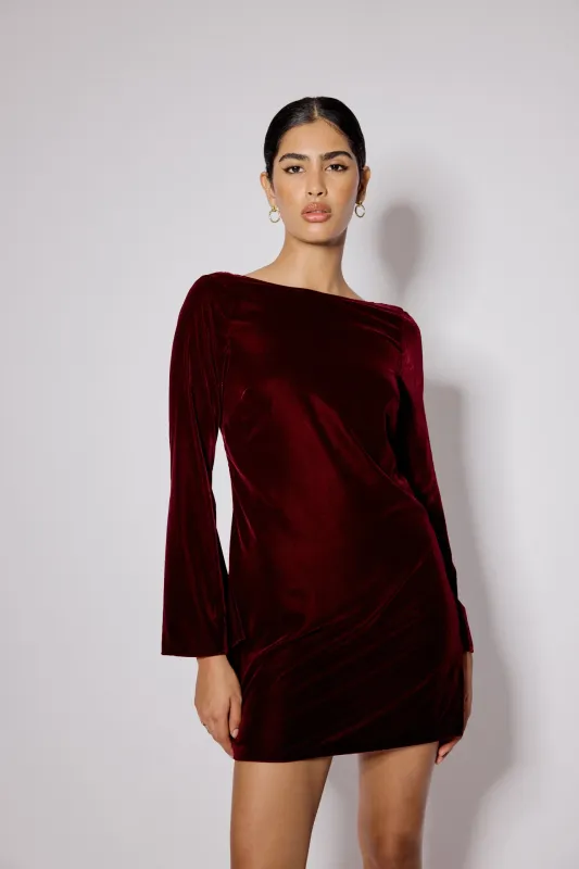 Burgundy Satin Bow Back Joelle Mini Dress sold by Nobody's Child