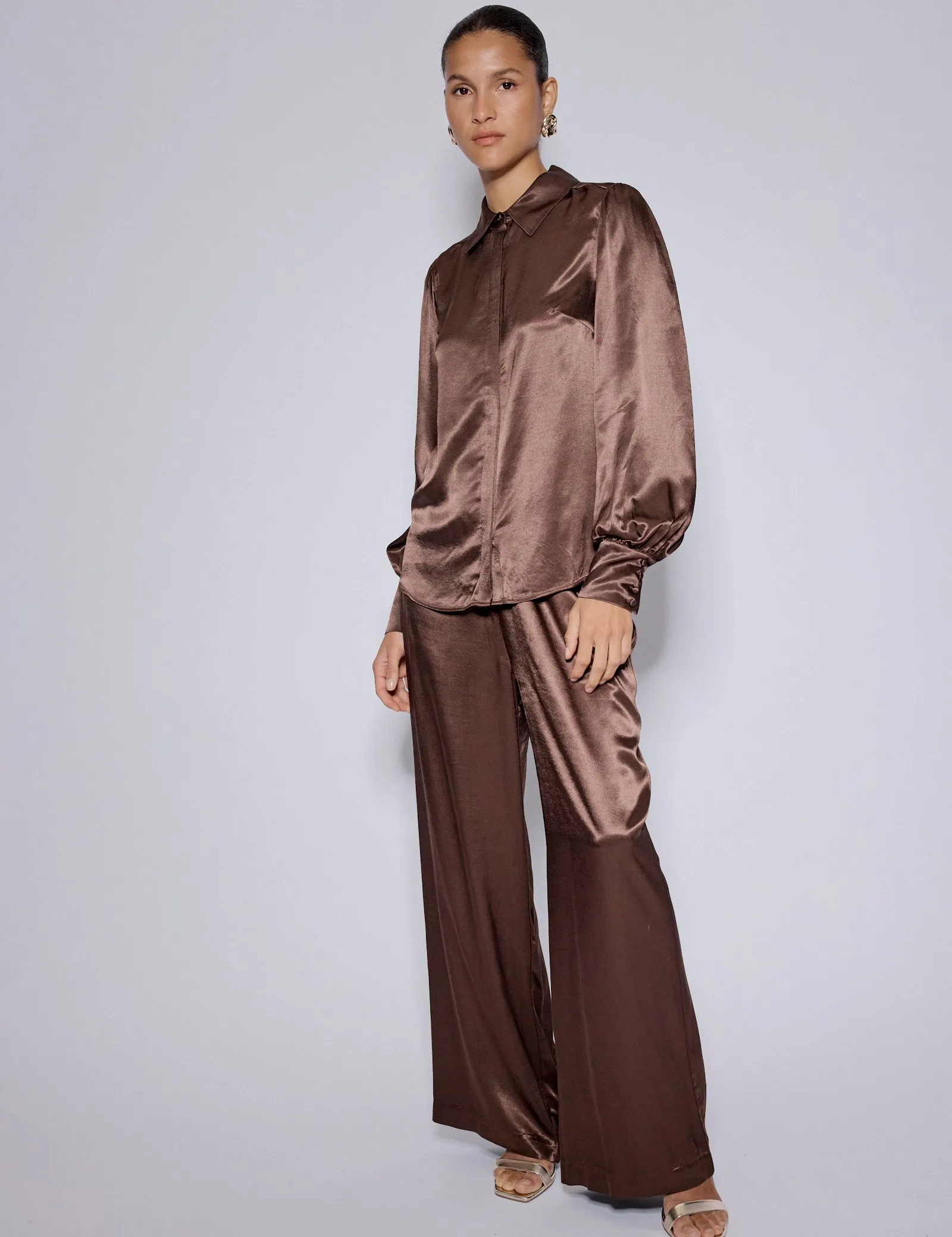 Brown Satin Balloon Sleeve Blouse sold by Nobody's Child