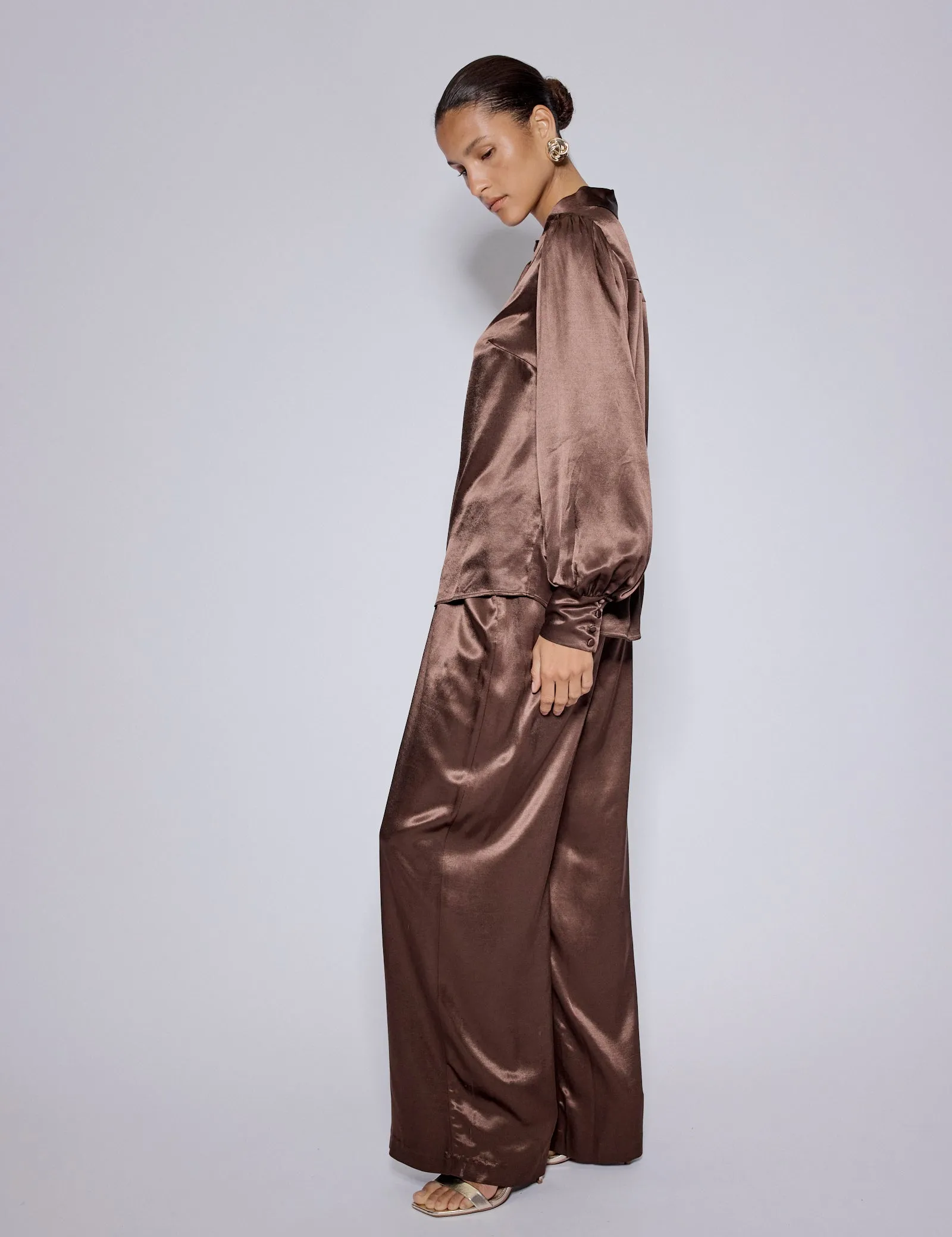 Brown Satin Balloon Sleeve Blouse sold by Nobody's Child product image thumbnail 3