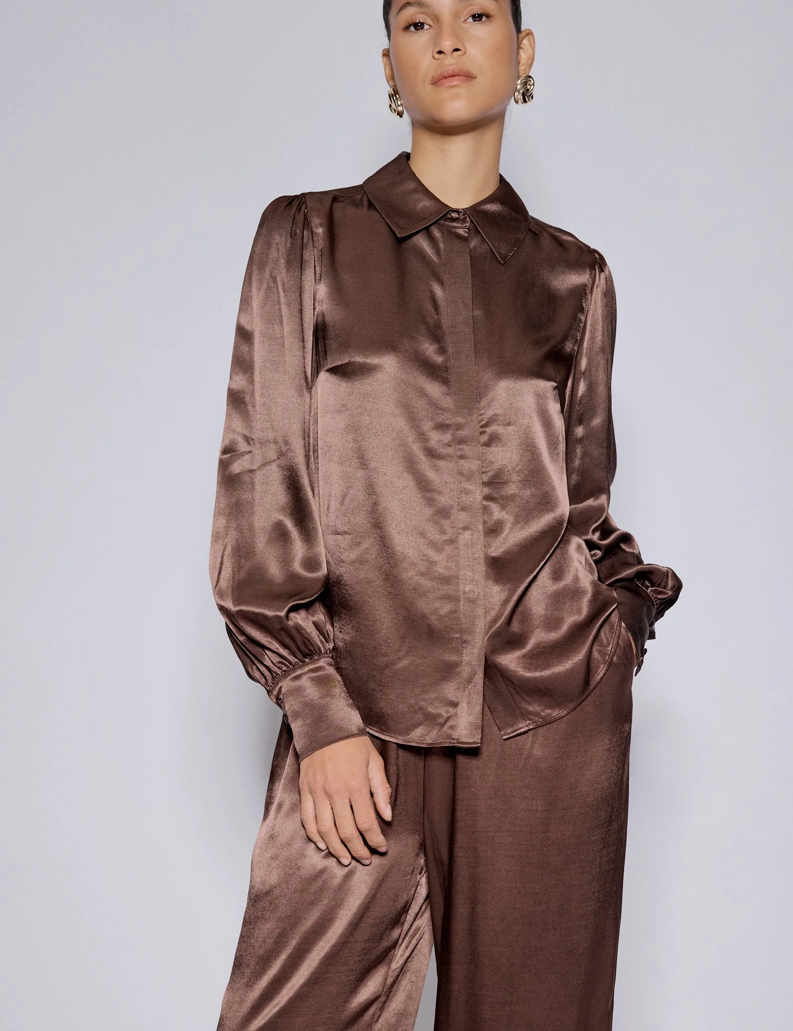 Brown Satin Balloon Sleeve Blouse sold by Nobody's Child product image thumbnail 2