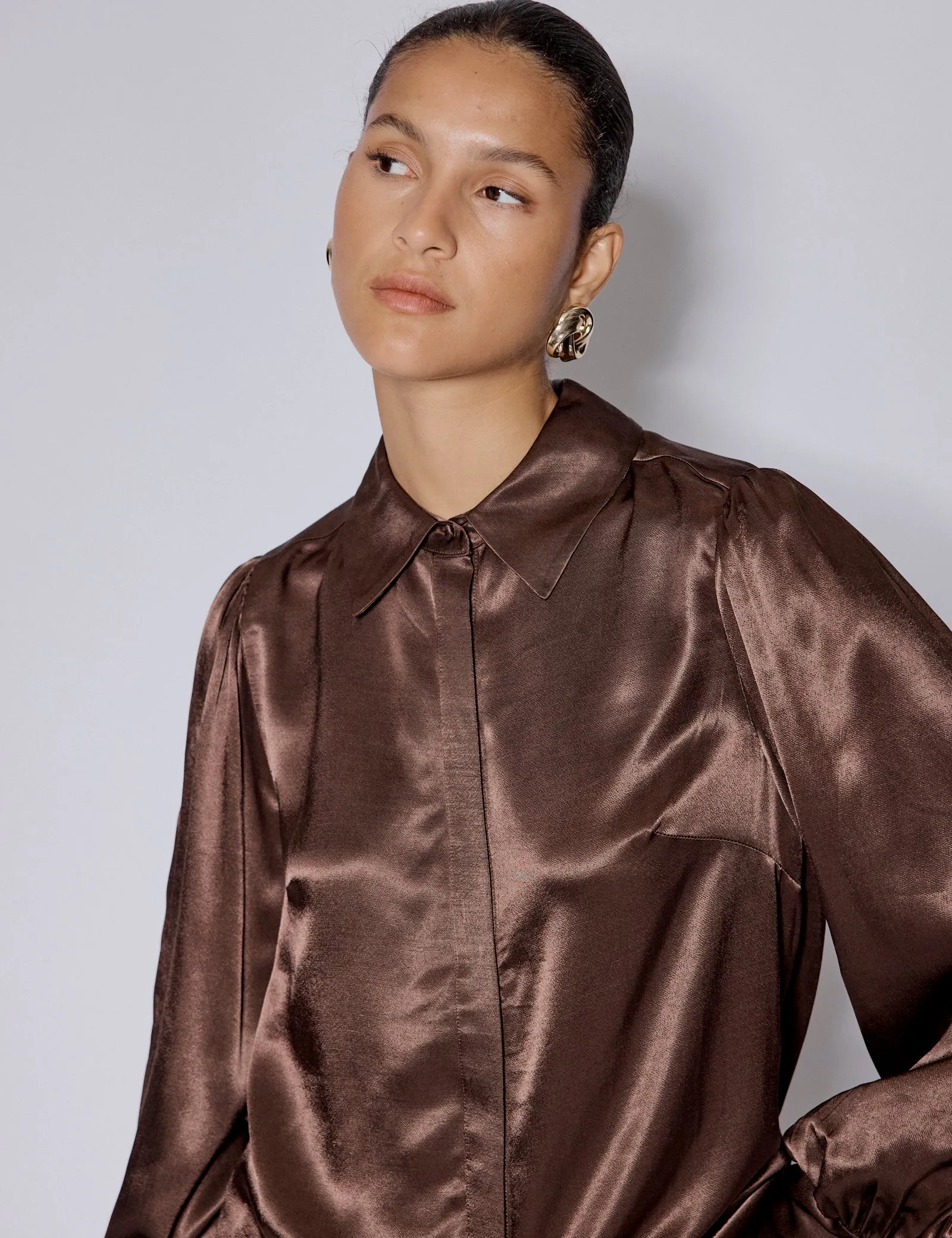 Brown Satin Balloon Sleeve Blouse sold by Nobody's Child product image thumbnail 4