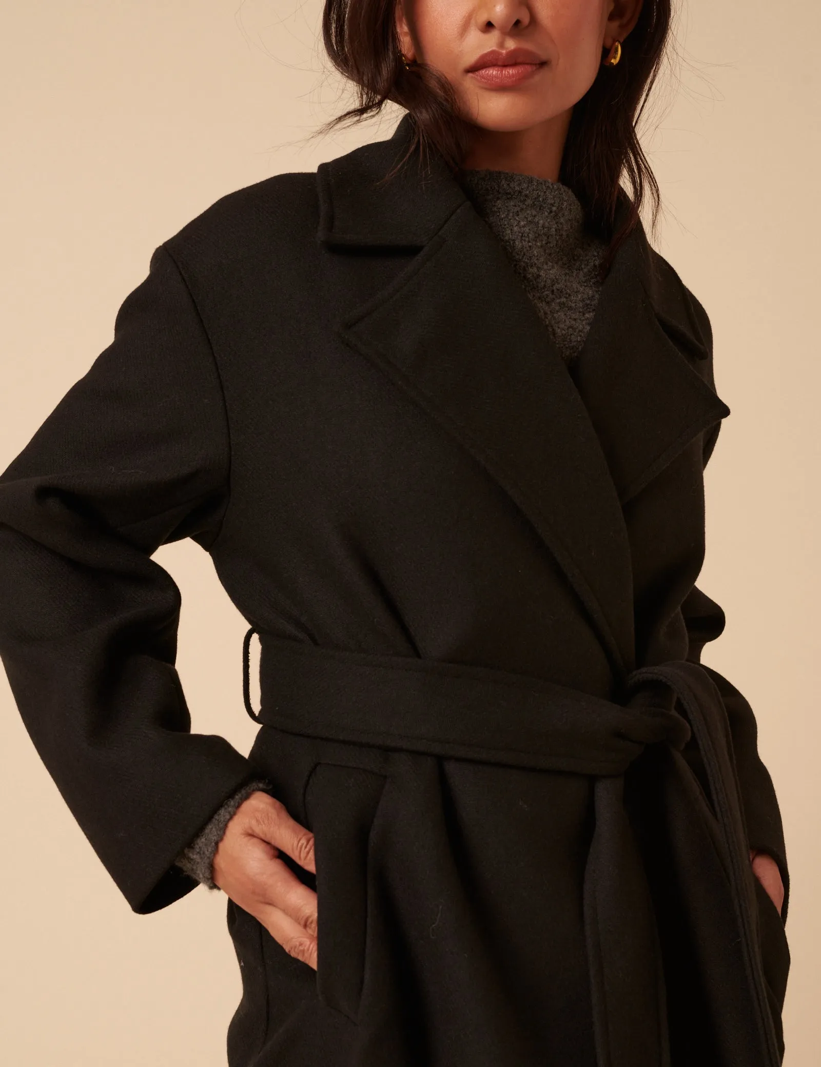 Black Tie Belt Wrap Coat sold by Nobody's Child product image thumbnail 2