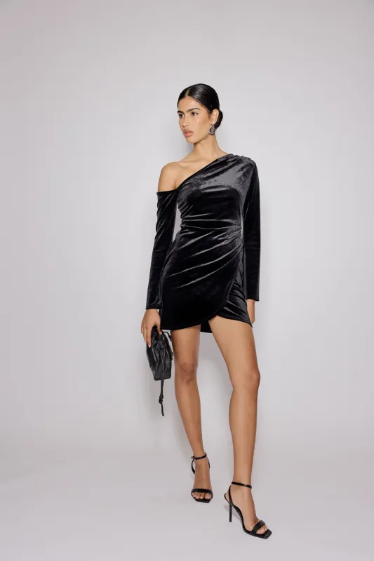 Black Velvet Asymmetric Virgo Mini Dress sold by Nobody's Child