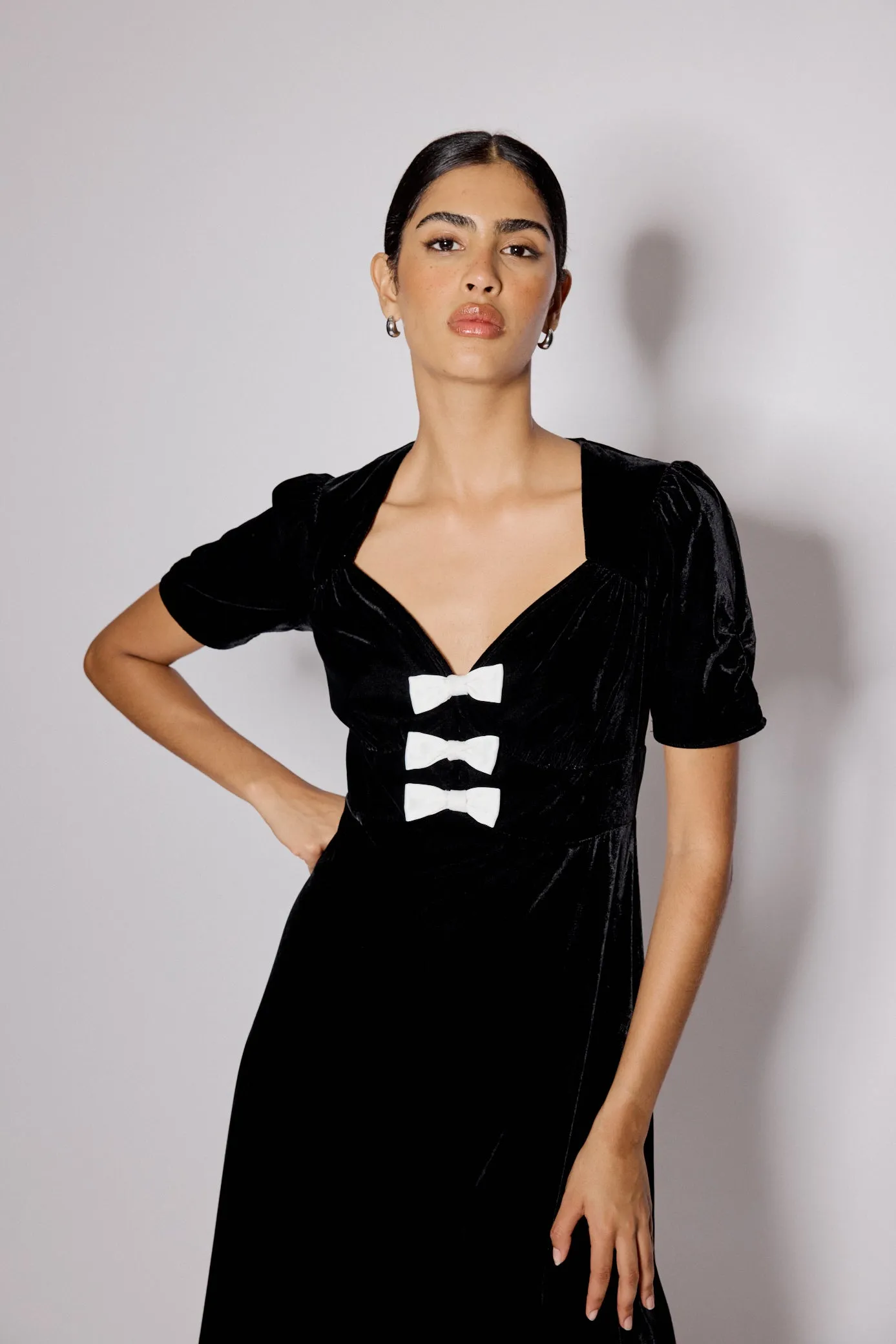 Black Bow Front Velvet Eleanor Midi Dress sold by Nobody's Child product image thumbnail 2