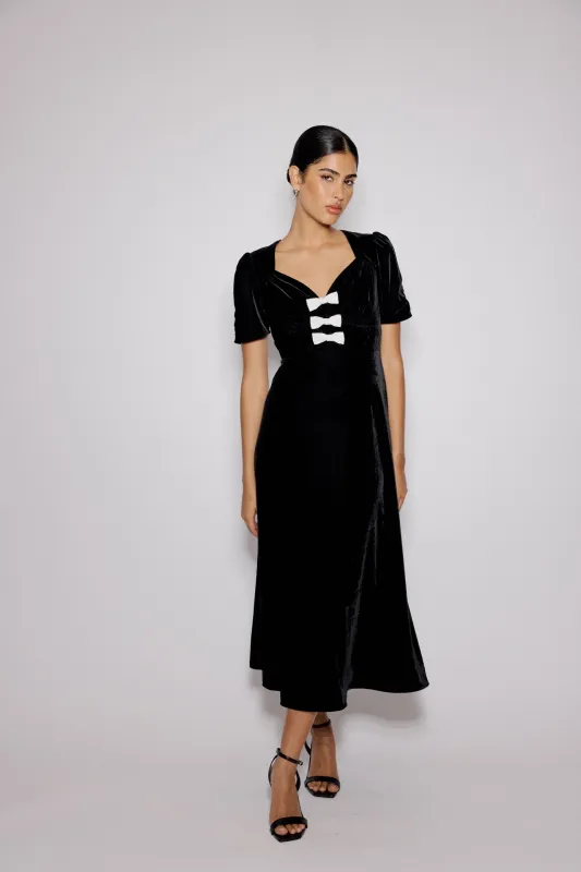 Black Bow Front Velvet Eleanor Midi Dress sold by Nobody's Child