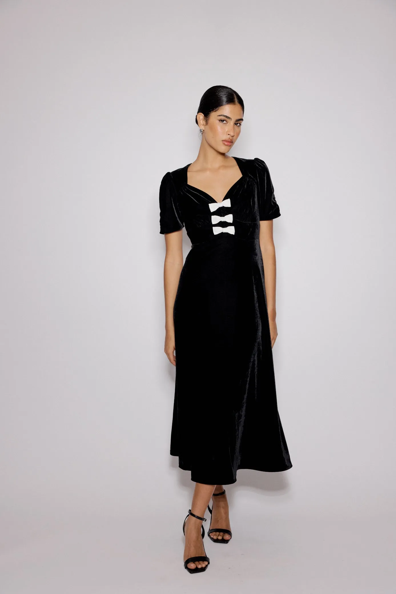 Black Bow Front Velvet Eleanor Midi Dress sold by Nobody's Child