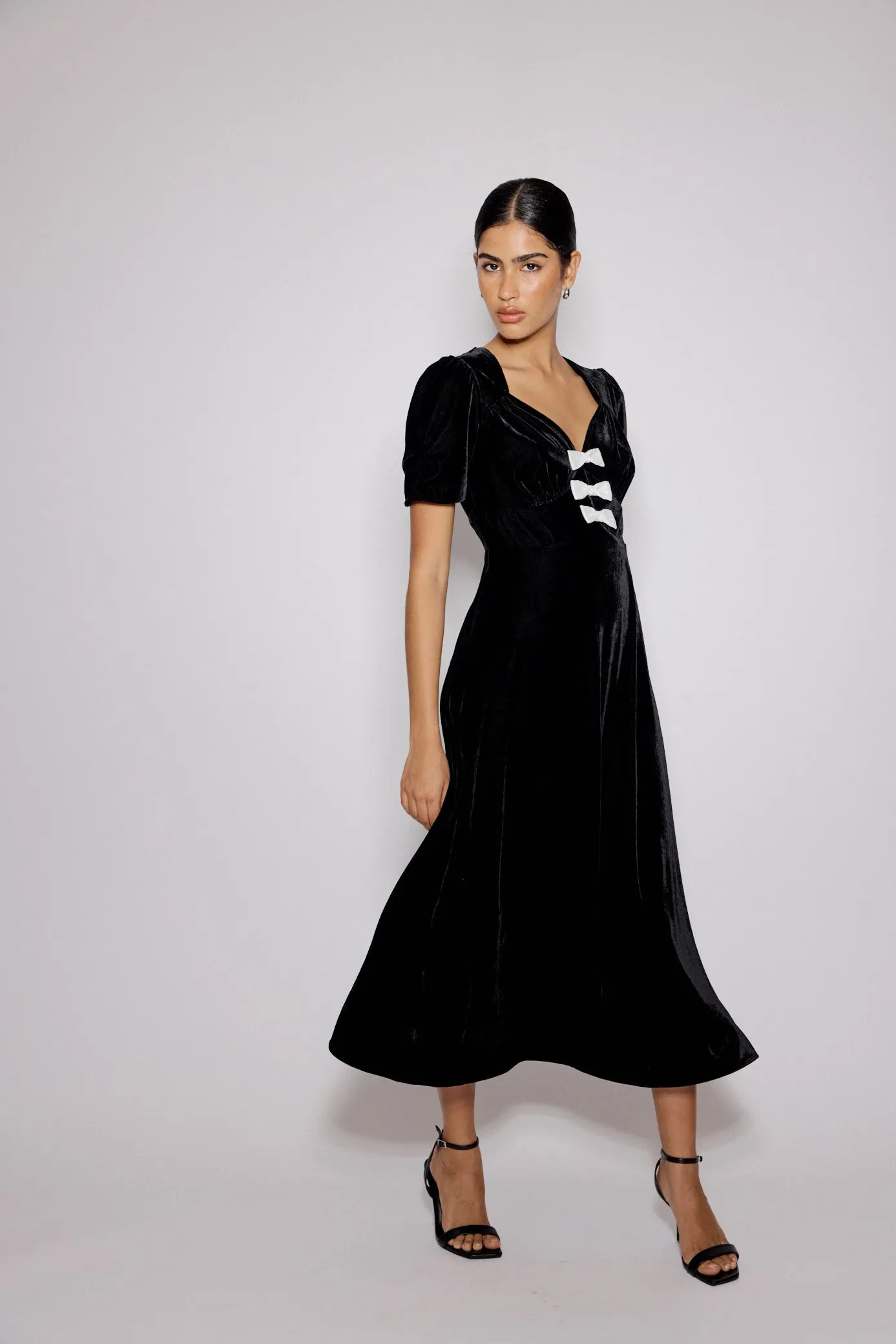 Black Bow Front Velvet Eleanor Midi Dress sold by Nobody's Child product image thumbnail 4