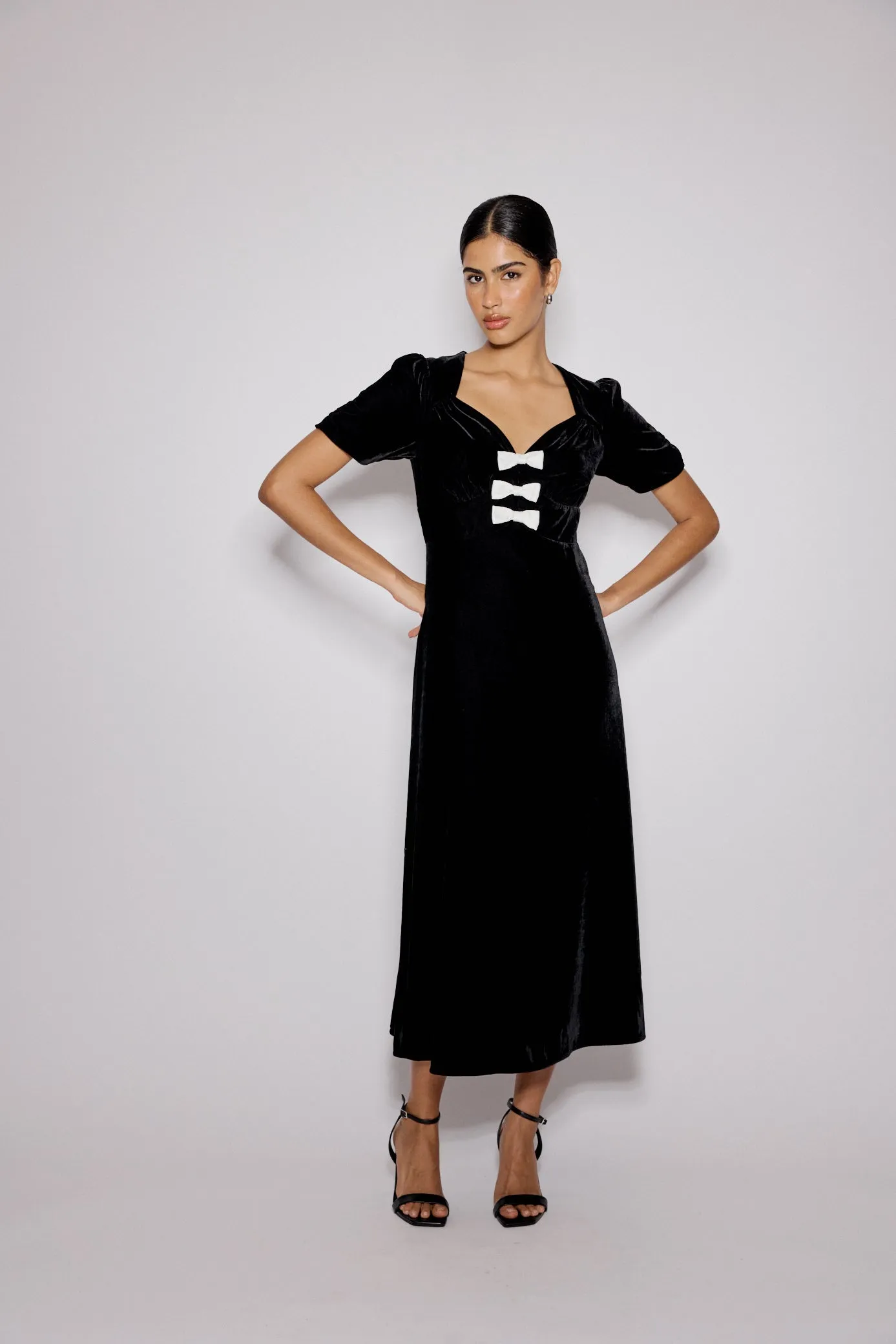 Black Bow Front Velvet Eleanor Midi Dress sold by Nobody's Child product image thumbnail 3