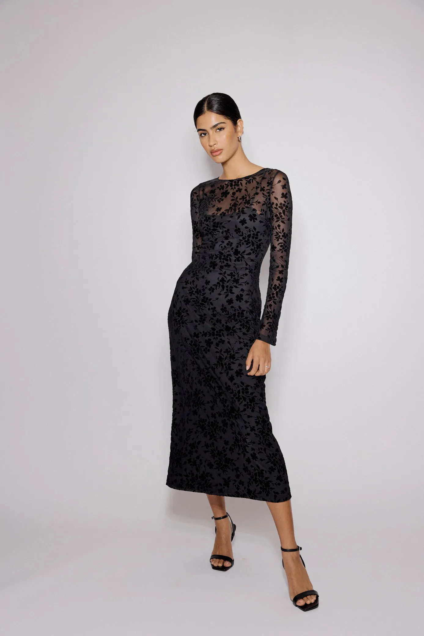 Black Floral Jaquard Velvet Stretch Mesh Midi Dress sold by Nobody's Child