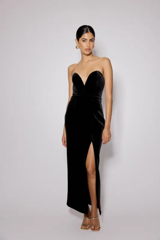 Black Sweetheart Bandeau Velvet Nola Midi Dress sold by Nobody's Child