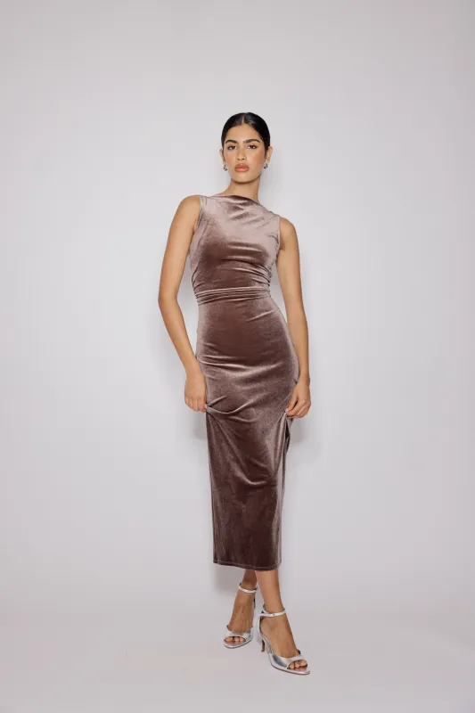 Brown Stretch Velvet Margot Midi Dress sold by Nobody's Child