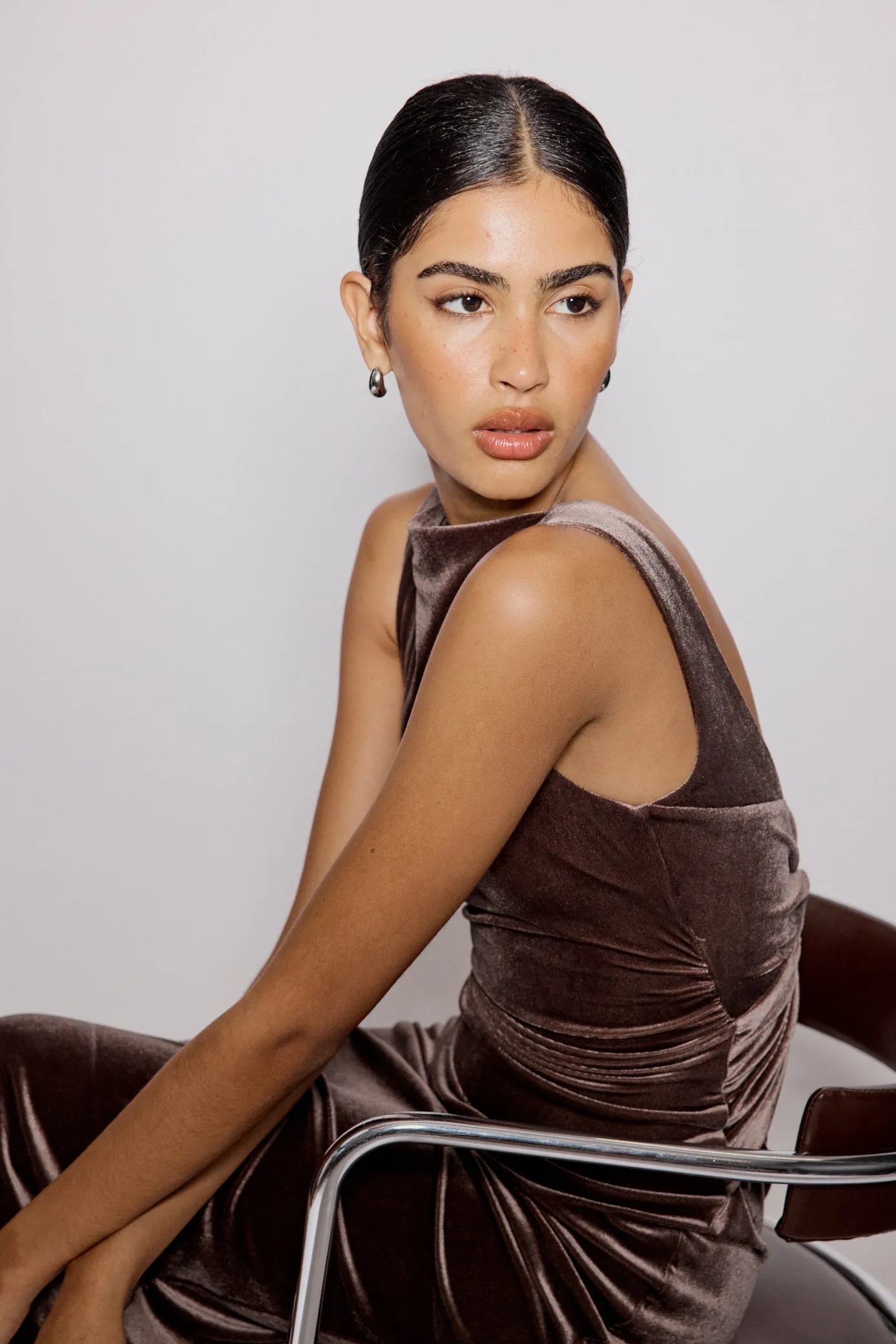 Brown Stretch Velvet Margot Midi Dress sold by Nobody's Child product image thumbnail 4