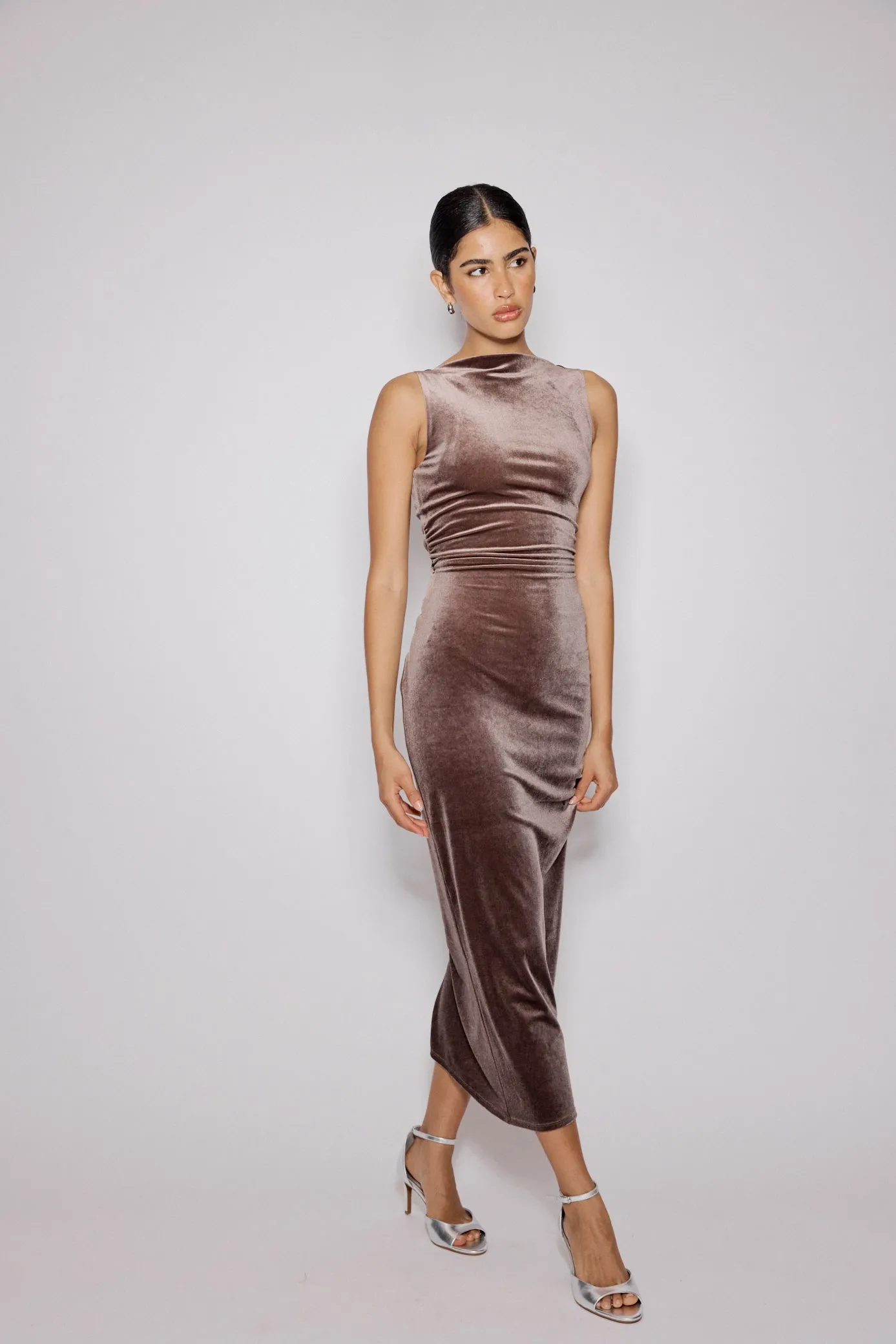 Brown Stretch Velvet Margot Midi Dress sold by Nobody's Child product image thumbnail 3