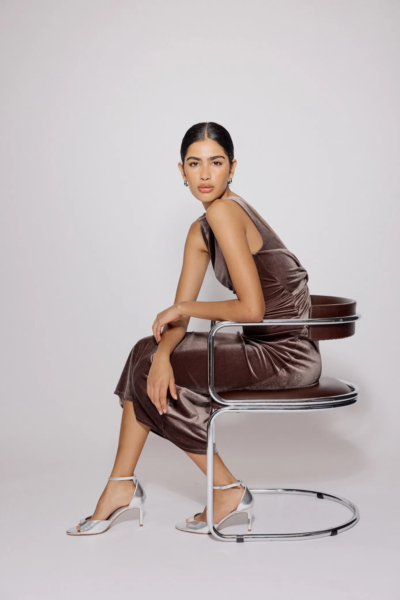 Brown Stretch Velvet Margot Midi Dress sold by Nobody's Child product image thumbnail 5