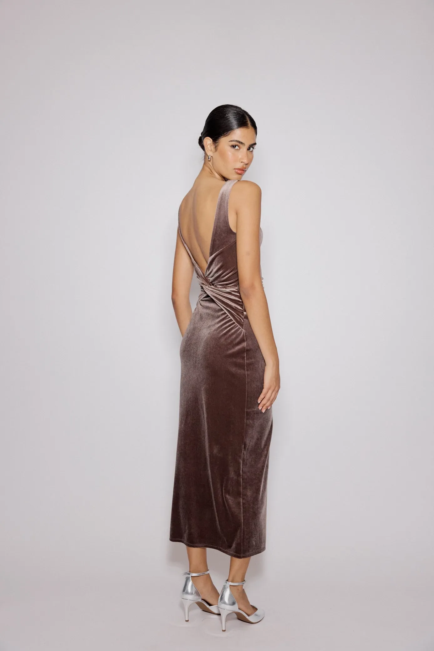 Brown Stretch Velvet Margot Midi Dress sold by Nobody's Child product image thumbnail 2