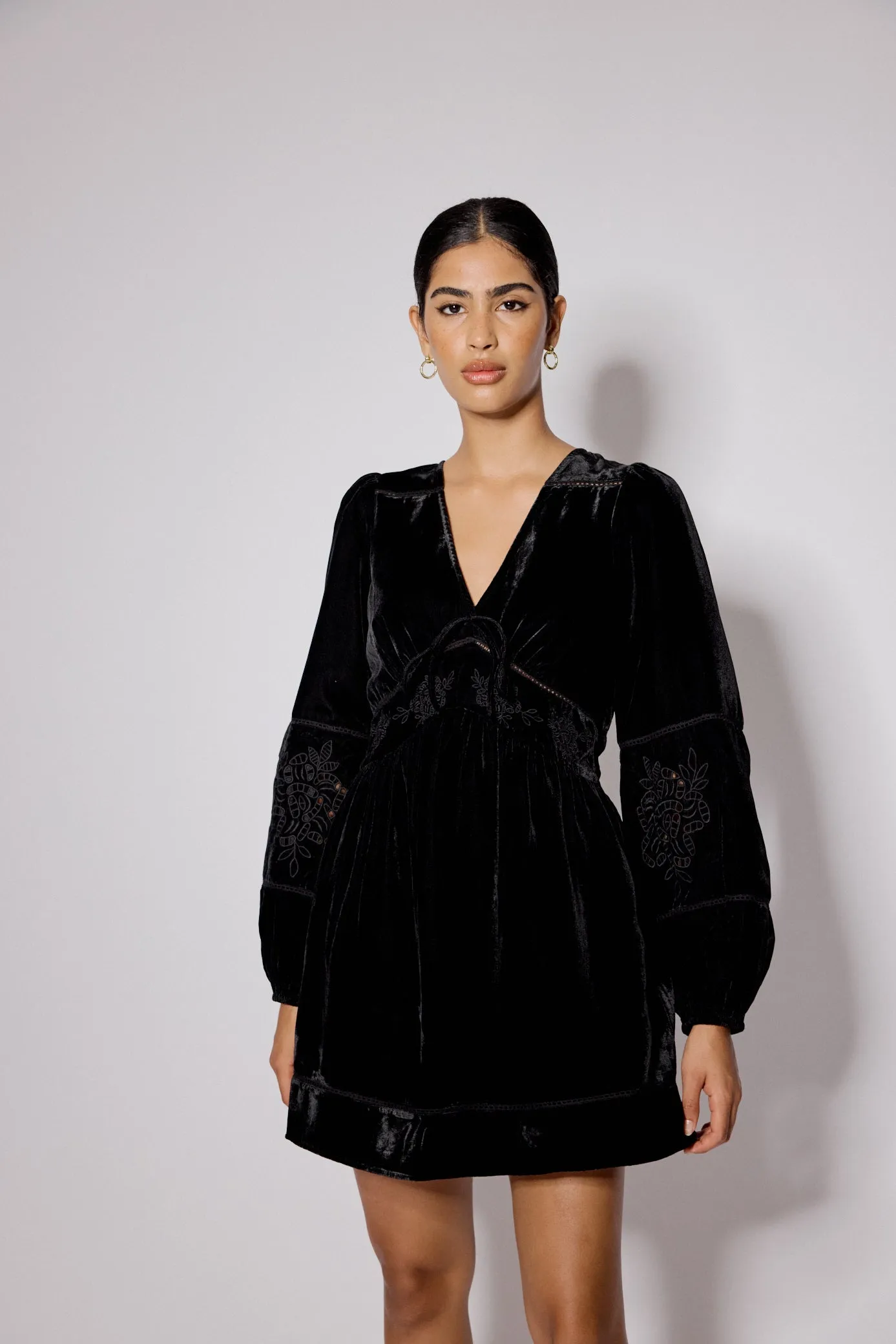 Black Velvet Balloon Sleeve Aquarius Mini Dress sold by Nobody's Child