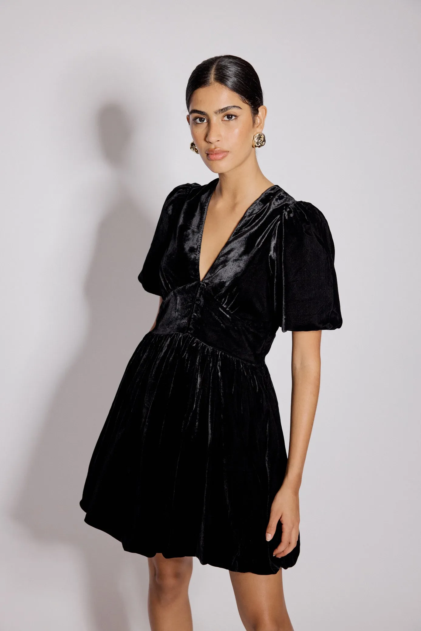 Black Velvet Puff Sleeve Starlight Mini Dress sold by Nobody's Child product image thumbnail 2