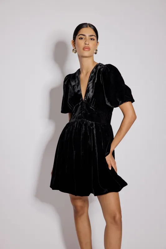 Black Velvet Puff Sleeve Starlight Mini Dress sold by Nobody's Child