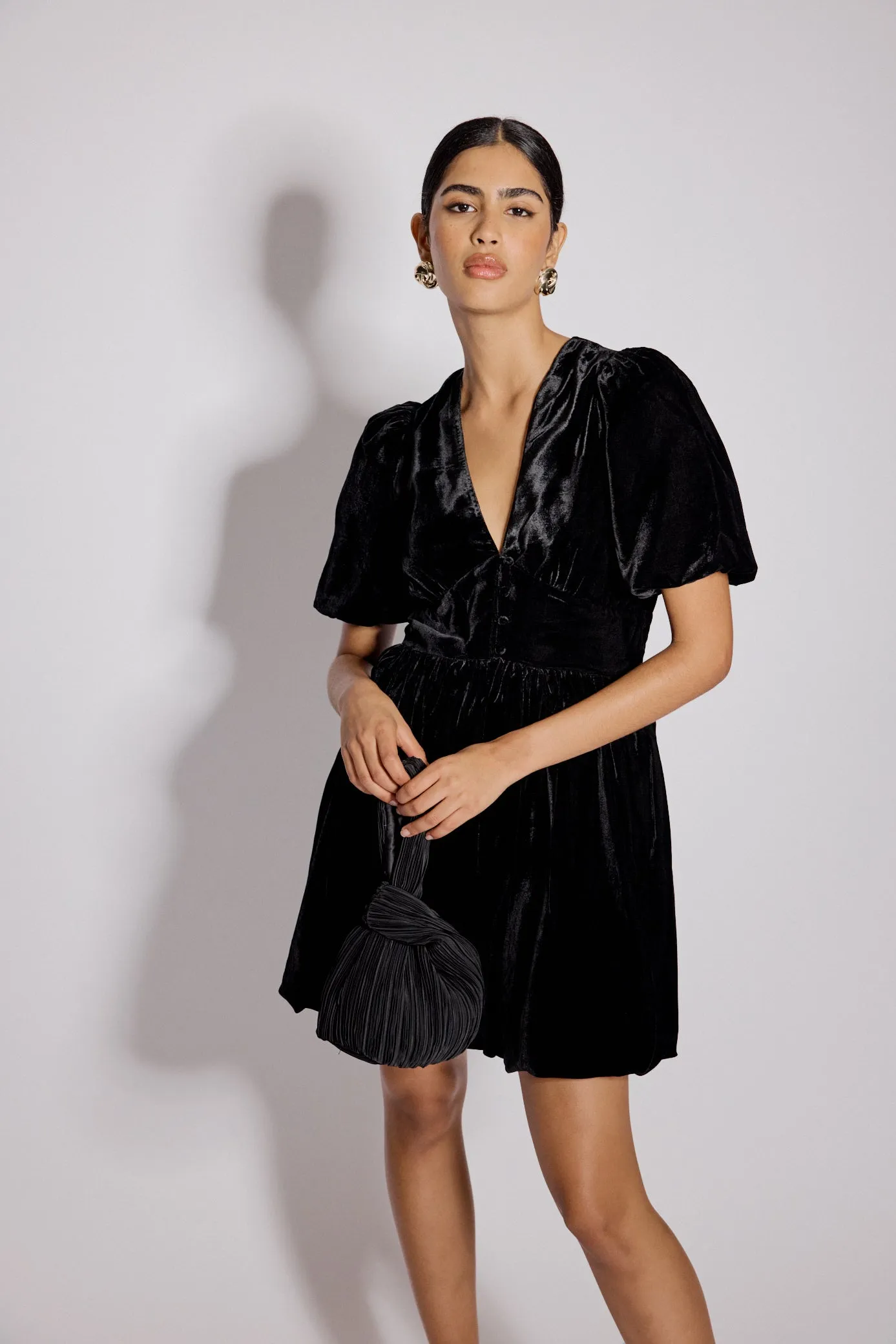 Black Velvet Puff Sleeve Starlight Mini Dress sold by Nobody's Child product image thumbnail 4