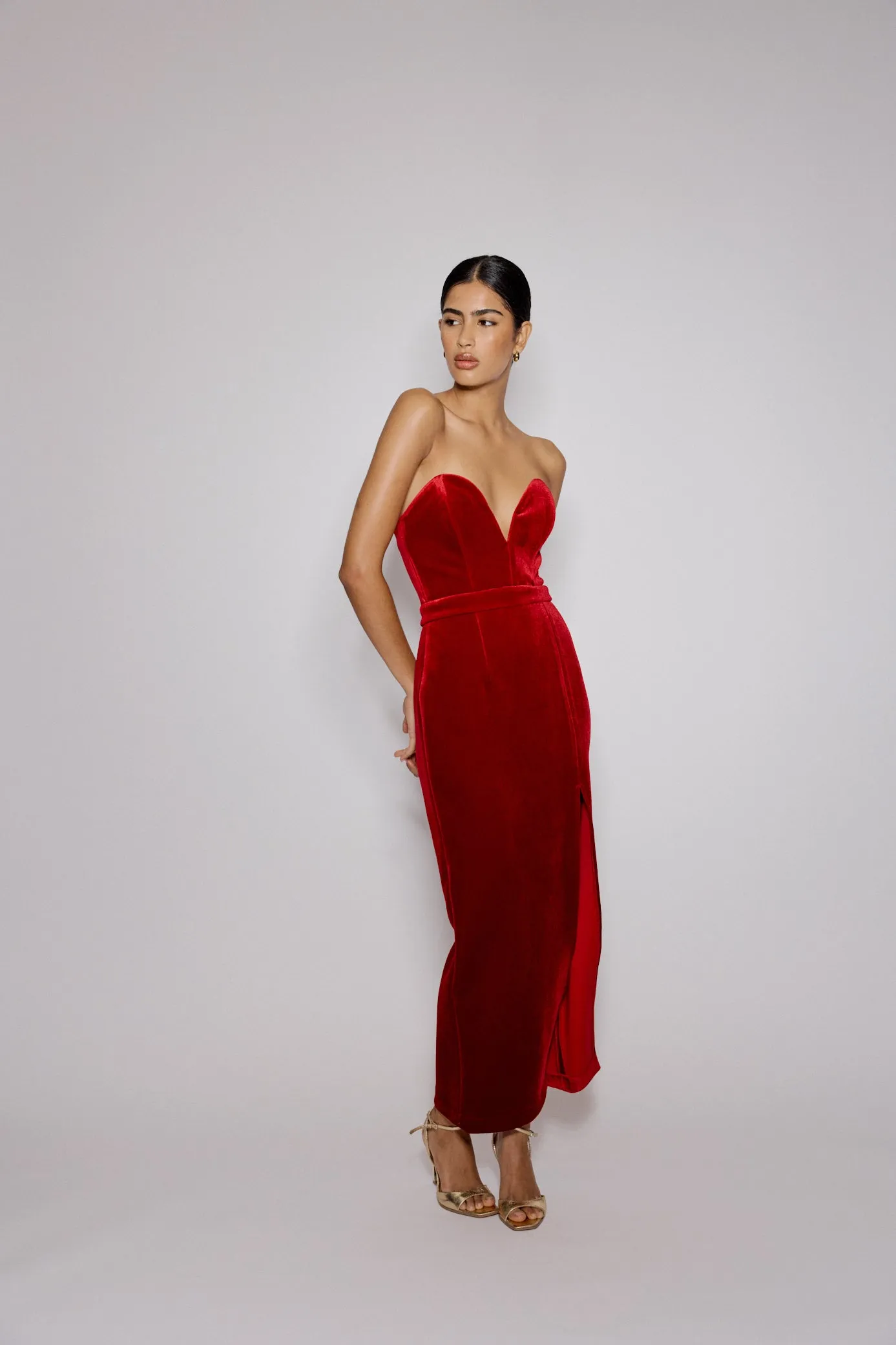 Red Sweetheart Bandeau Velvet Nola Midi Dress sold by Nobody's Child product image thumbnail 3