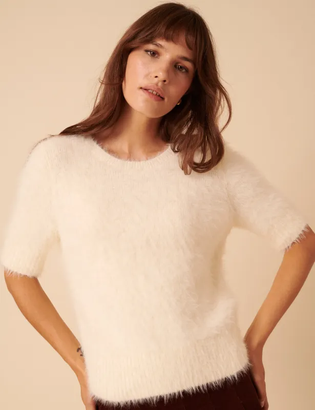 White Fluffy Short Sleeve Knitted Top sold by Nobody's Child