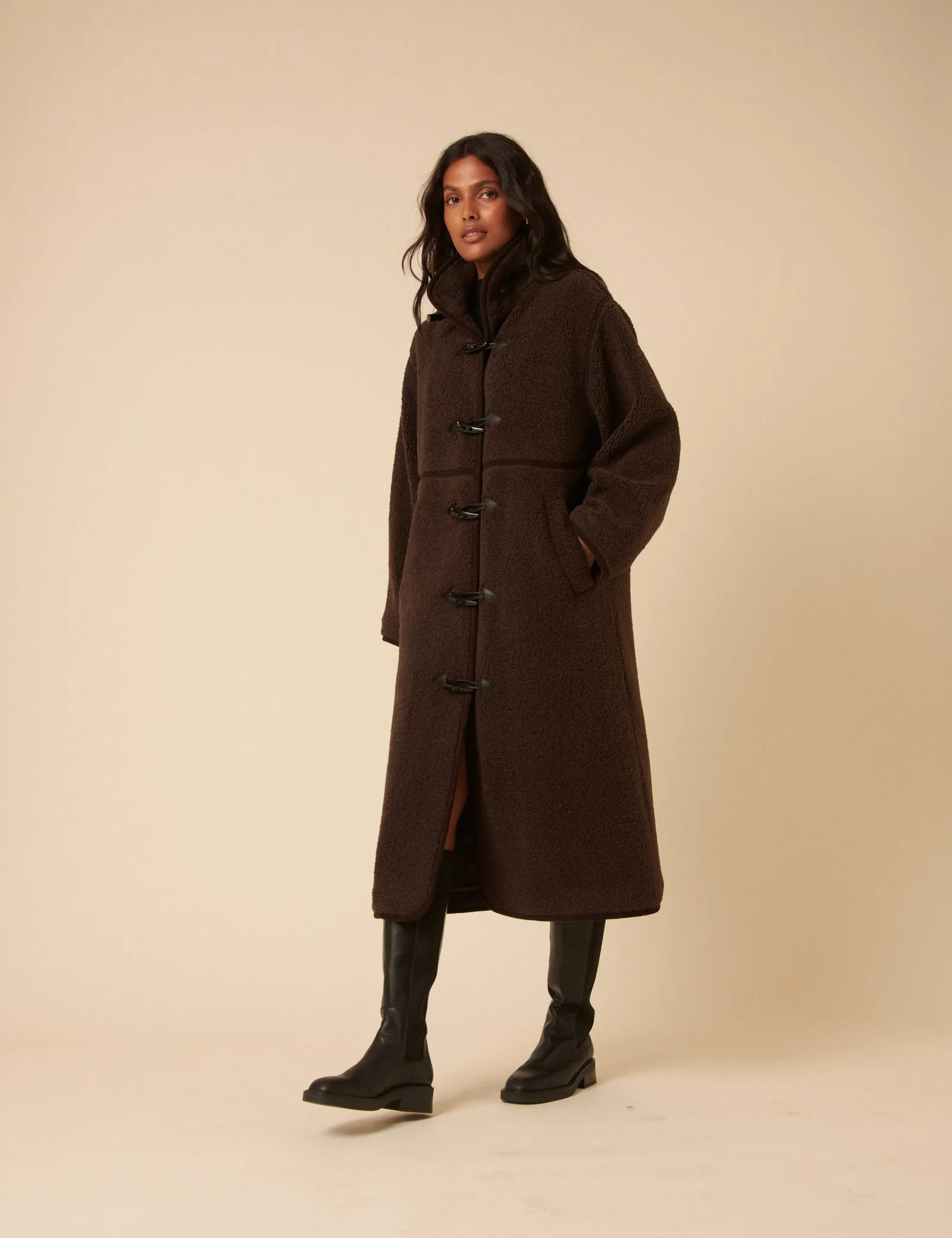 Brown Long Borg Duffle Coat sold by Nobody's Child product image thumbnail 4