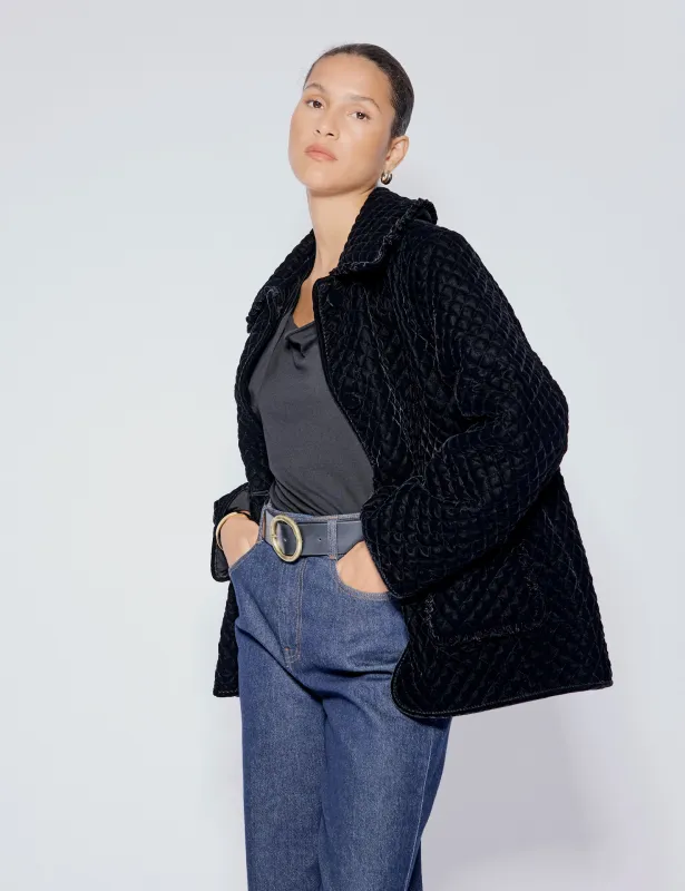 Black Velvet Quilted Collared Jacket sold by Nobody's Child