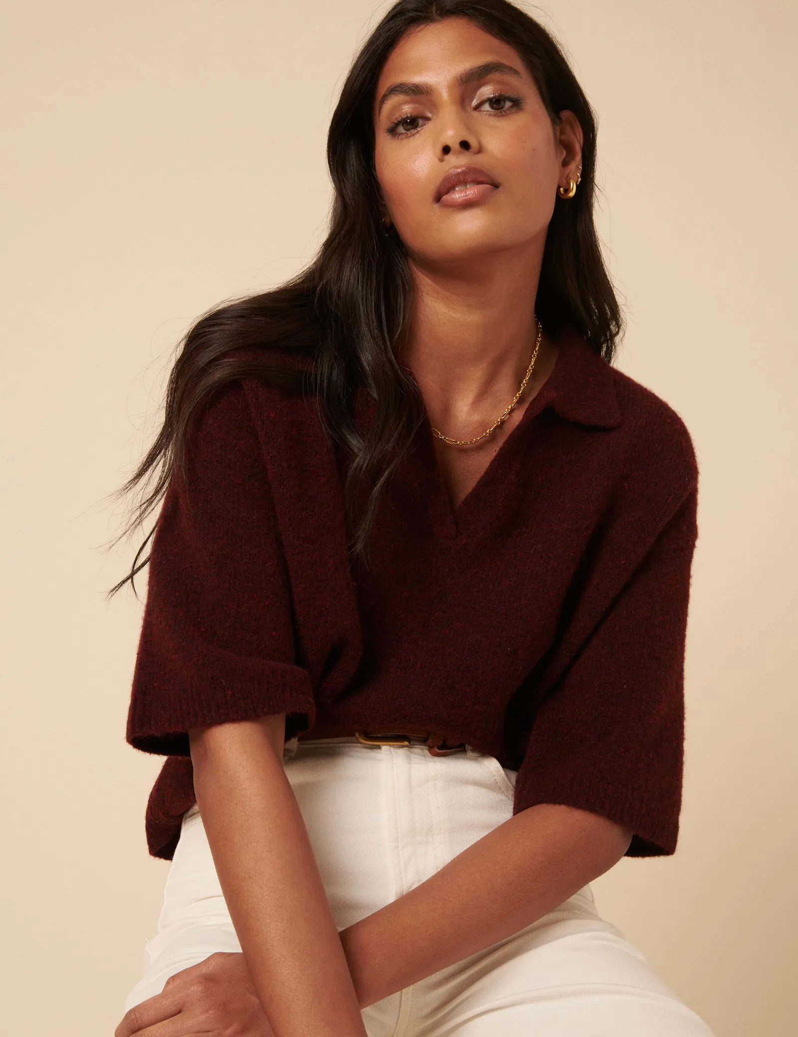 Burgundy Knitted Collar T-shirt sold by Nobody's Child