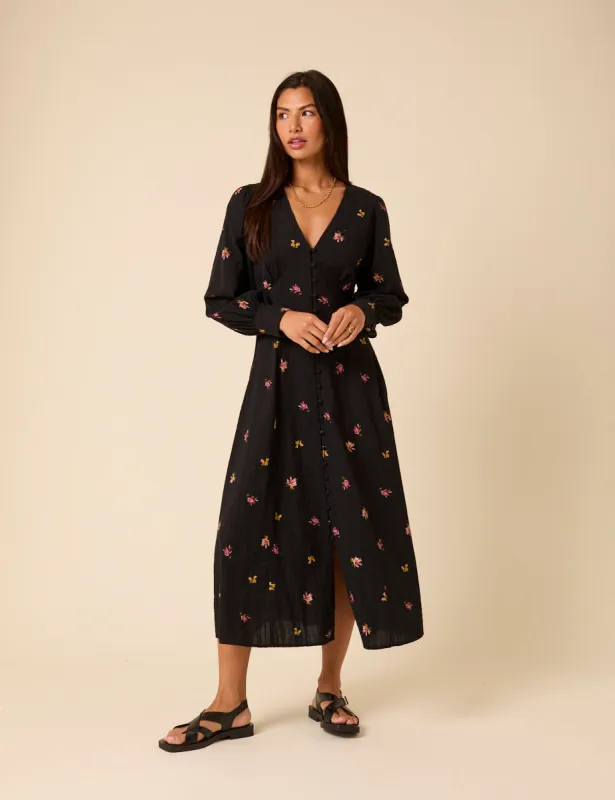 Black Floral Embroidered Shannon Midi Dress sold by Nobody's Child