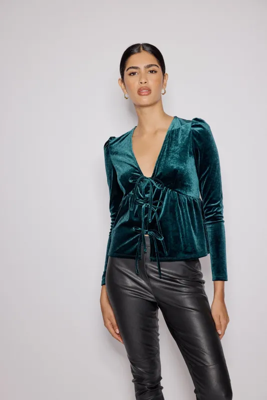 Green Velvet Tie Front Top sold by Nobody's Child