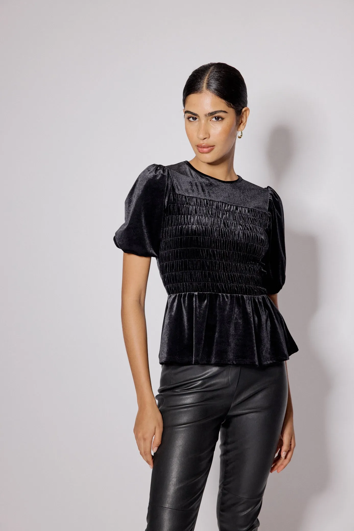 Black Velvet Puff Sleeve Peplum Top sold by Nobody's Child