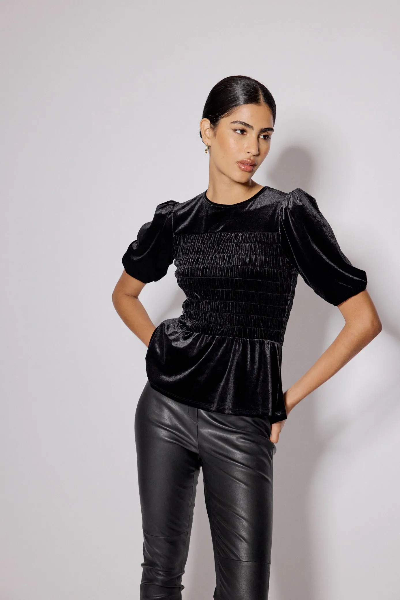 Black Velvet Puff Sleeve Peplum Top sold by Nobody's Child product image thumbnail 2