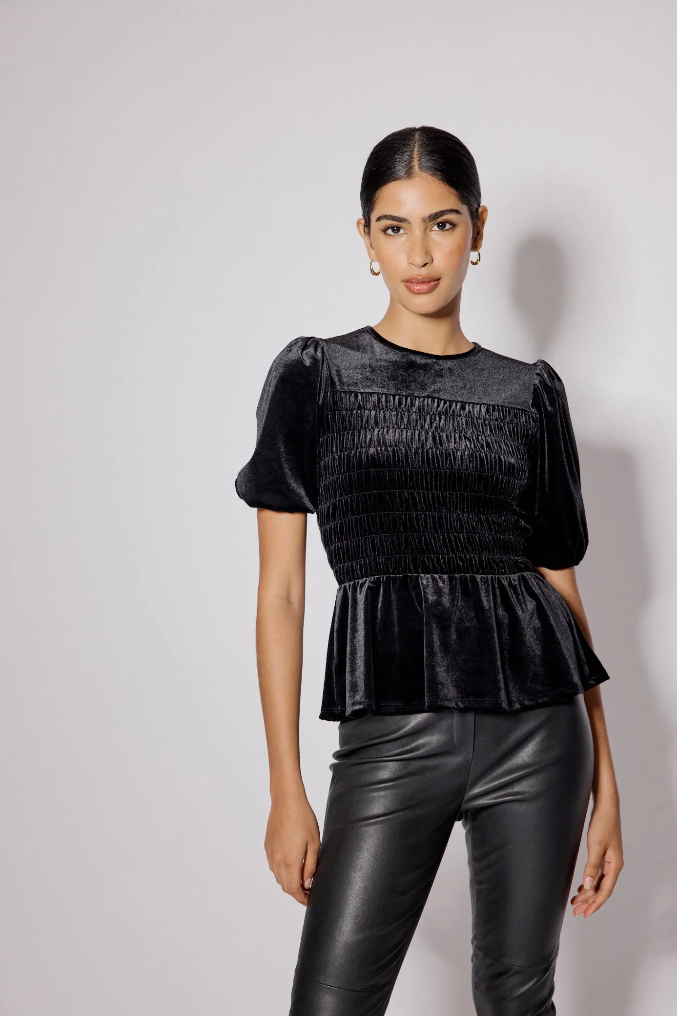 Black Velvet Puff Sleeve Peplum Top sold by Nobody's Child product image thumbnail 3