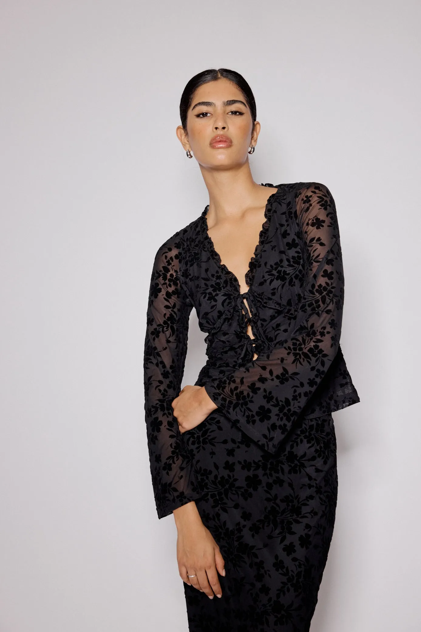 Black Floral Jacquard Frill Top sold by Nobody's Child product image thumbnail 2