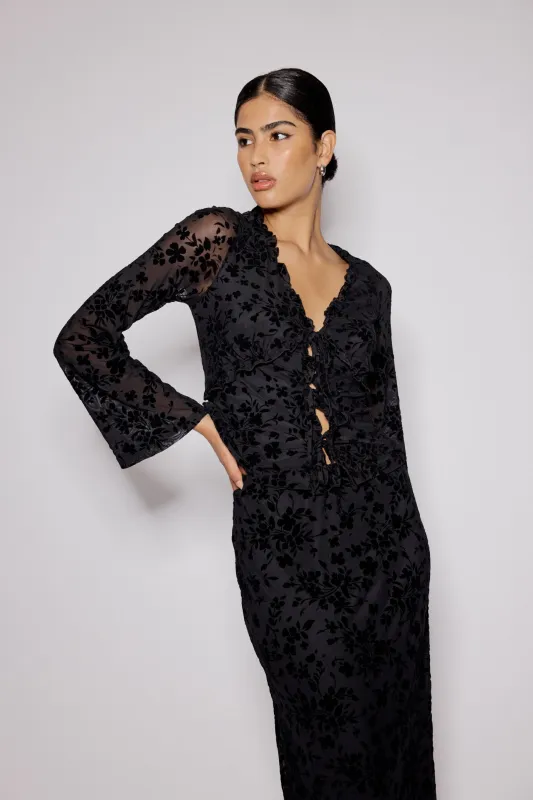 Black Floral Jacquard Frill Top sold by Nobody's Child