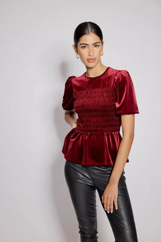 Red Velvet Puff Sleeve Peplum Top sold by Nobody's Child