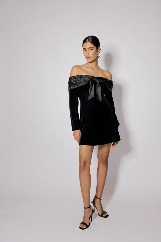 Black Velvet Off Shoulder Bow Capricorn Mini Dress sold by Nobody's Child