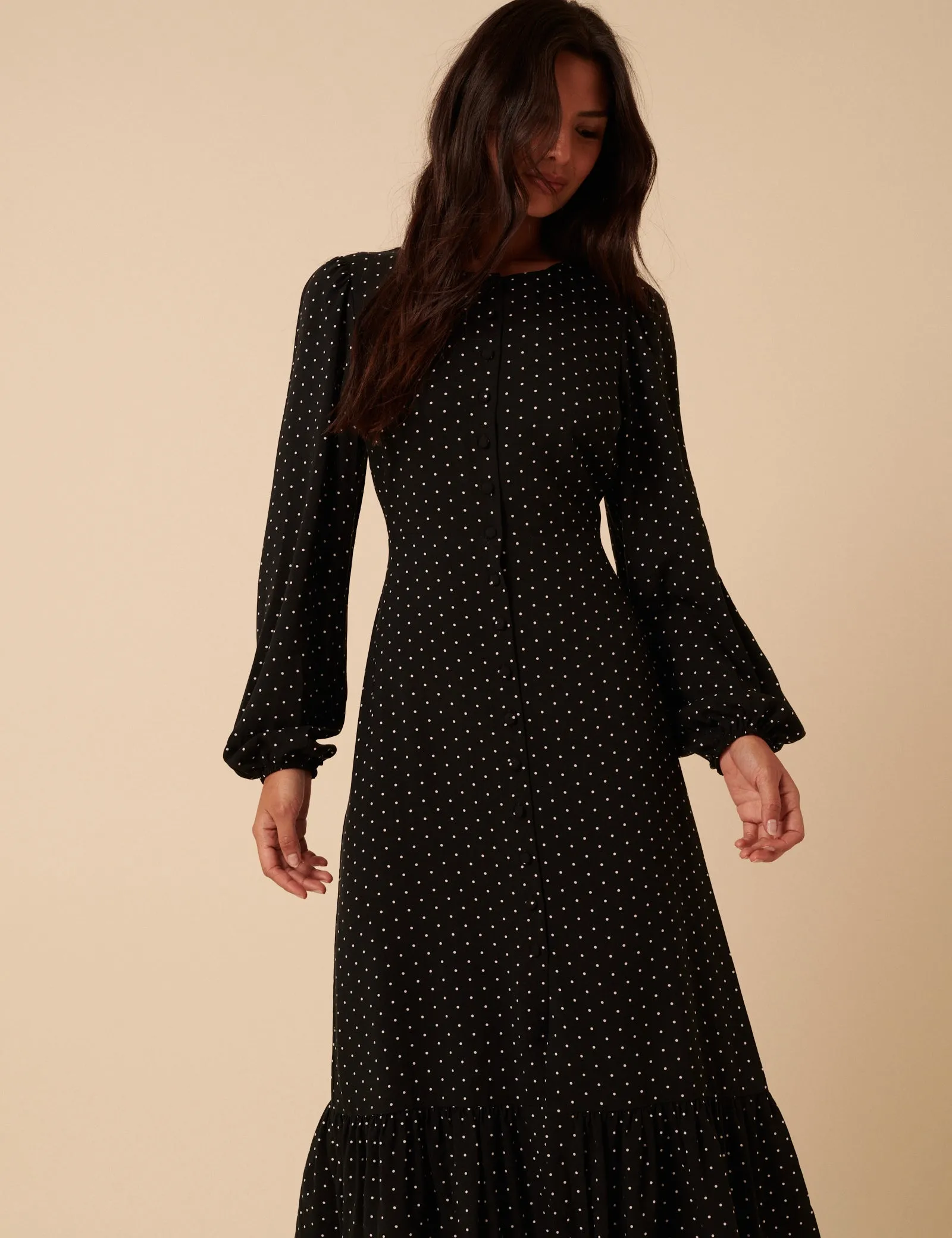 Black Polka Dot Balloon Sleeve Amara Midi Dress sold by Nobody's Child product image thumbnail 4