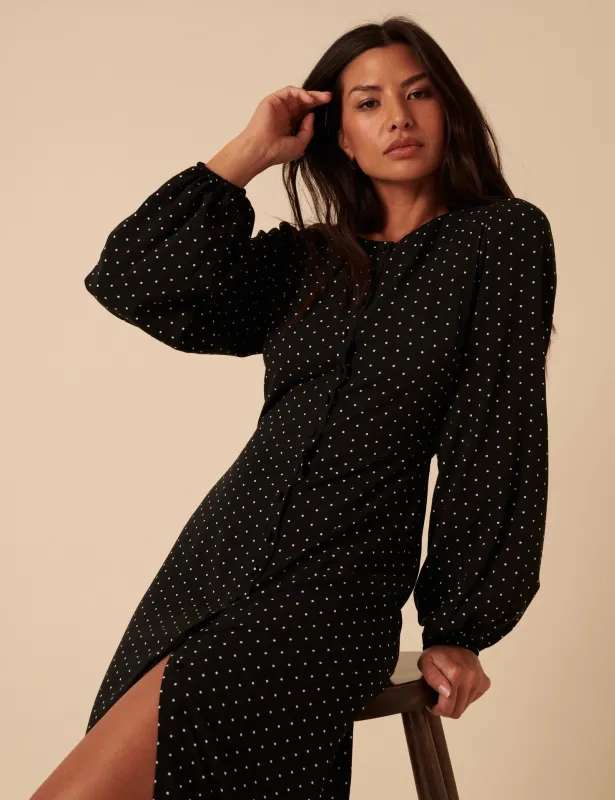 Black Polka Dot Balloon Sleeve Amara Midi Dress sold by Nobody's Child