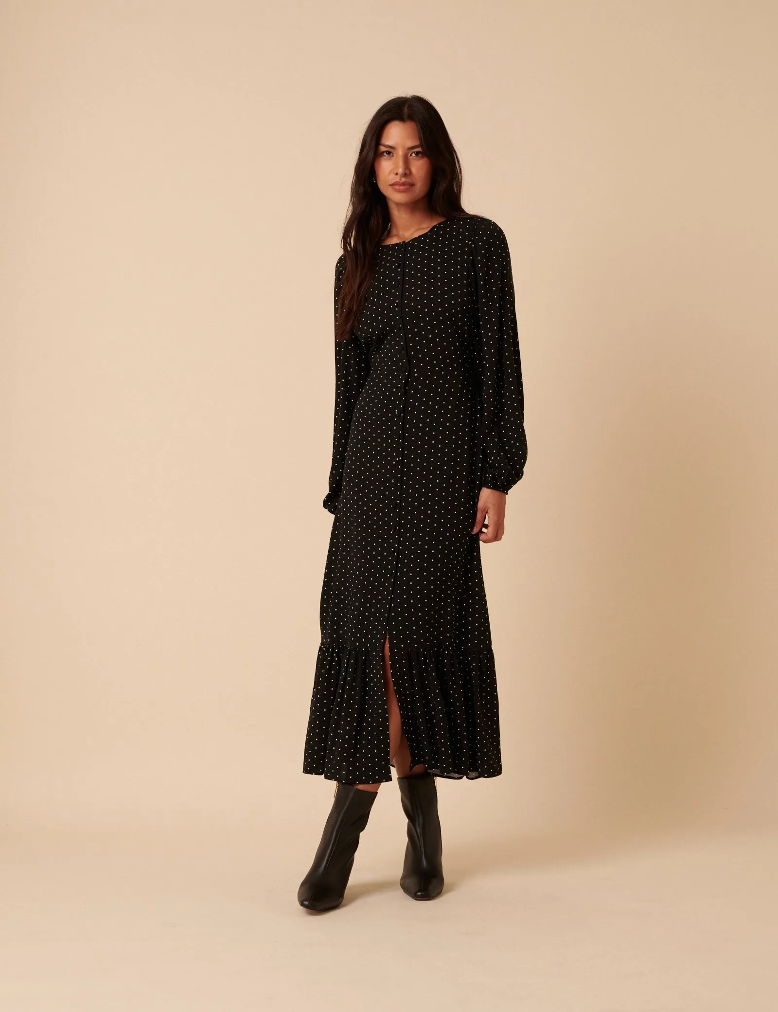 Black Polka Dot Balloon Sleeve Amara Midi Dress sold by Nobody's Child product image thumbnail 2