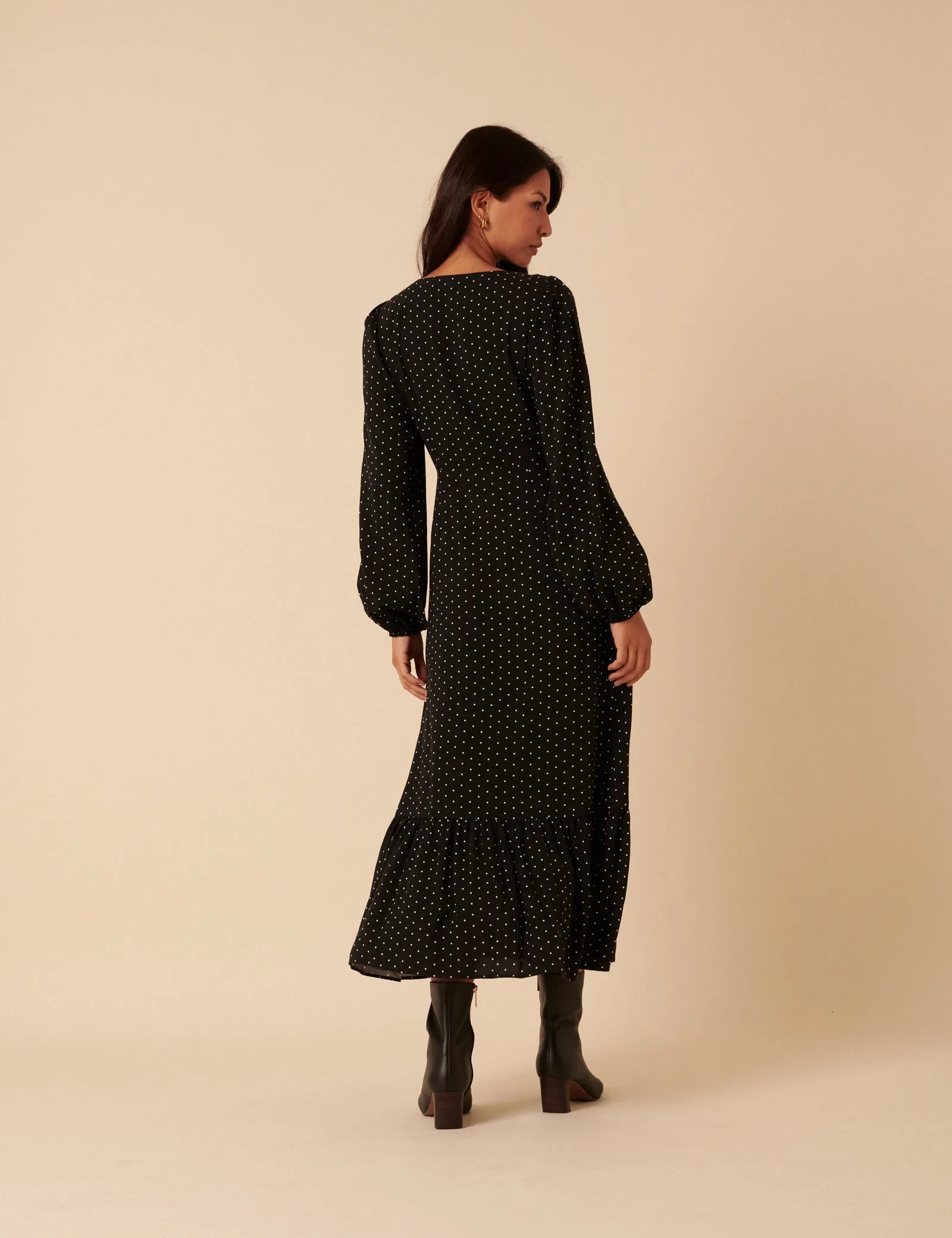 Black Polka Dot Balloon Sleeve Amara Midi Dress sold by Nobody's Child product image thumbnail 5