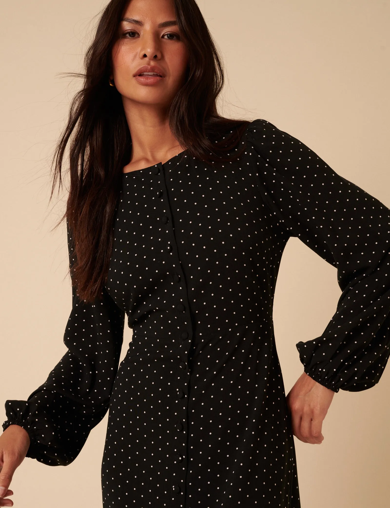Black Polka Dot Balloon Sleeve Amara Midi Dress sold by Nobody's Child product image thumbnail 3