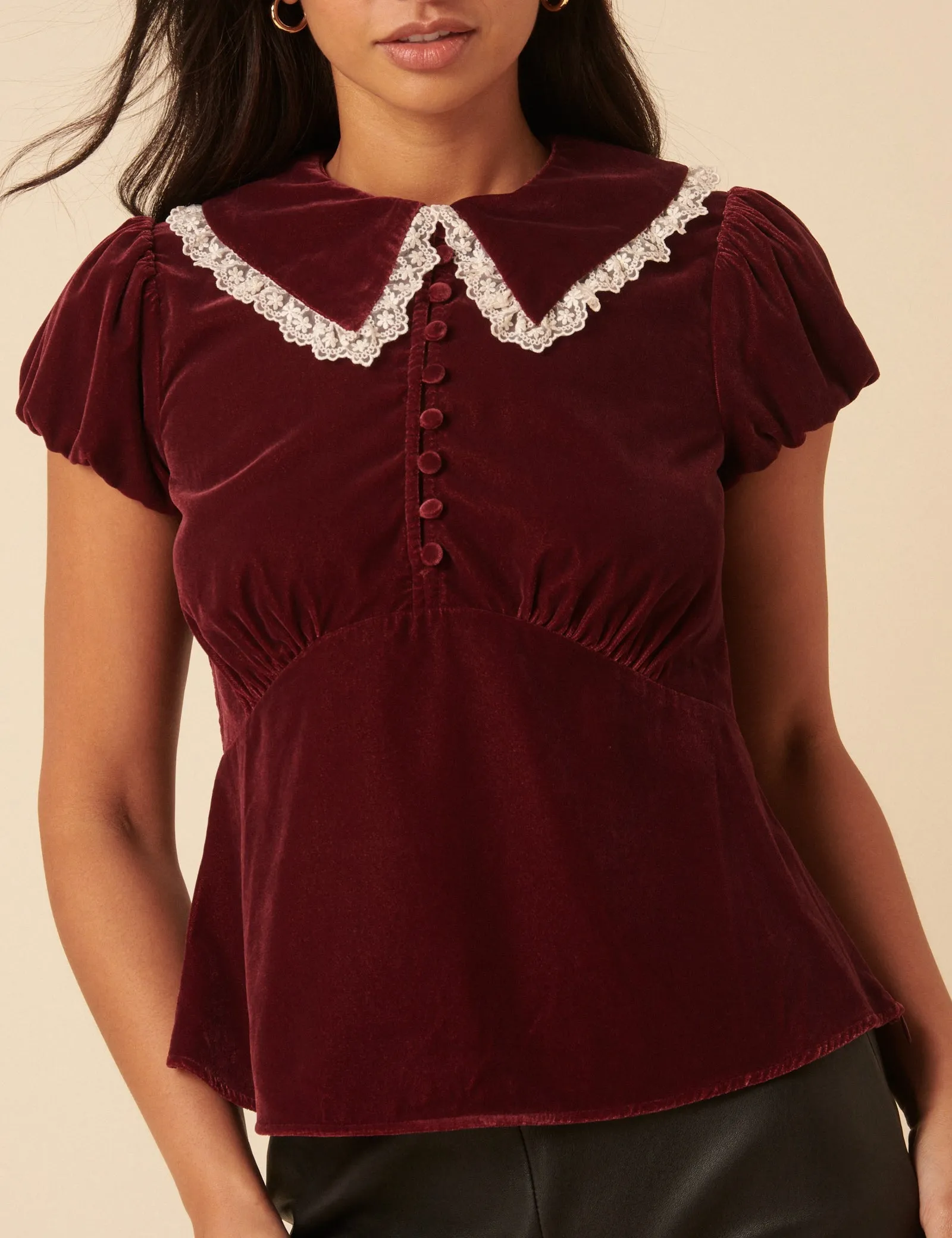Burgundy Velvet Lace Trim Collar Top sold by Nobody's Child product image thumbnail 3