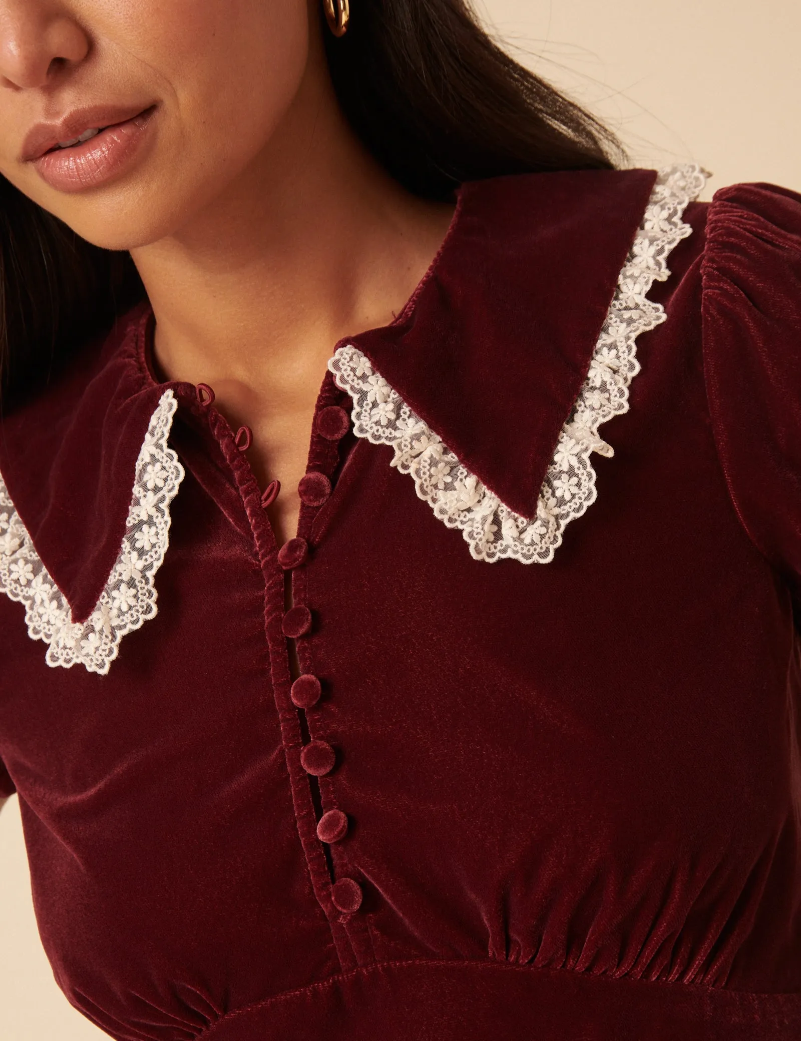 Burgundy Velvet Lace Trim Collar Top sold by Nobody's Child product image thumbnail 4